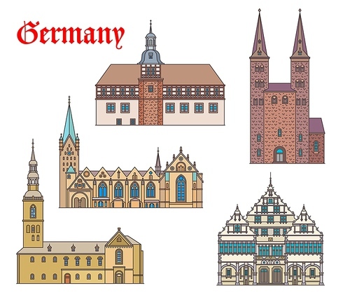 Germany landmark buildings architecture in Westphalia, German churches and cathedrals, vector. St Kilian kirche in Hoexter, rathaus and cathedral dom in Padeborn, Peterkirche church in Soest