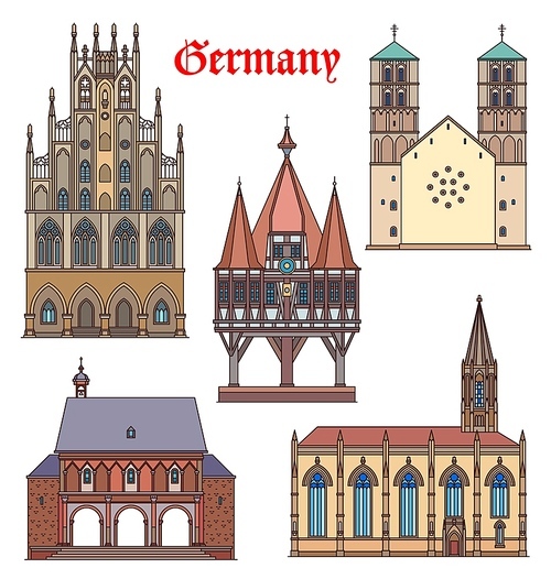 Germany landmark buildings, cathedrals, German travel famous architecture, vector. St Lambert catholic church and rathaus in Munster Westphalia, St Paulus Dom and Benedictine abbey in Lorsch, Germany