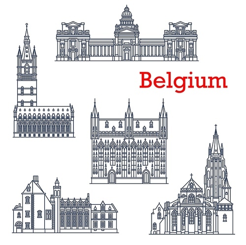 Belgium architecture landmarks, Bruges cathedrals, vector Brussels buildings line icons. Bruxelles Justice palais, cathedral Notre Dame of Our Lady, Bruges city hall and Gruuthuse palace museum
