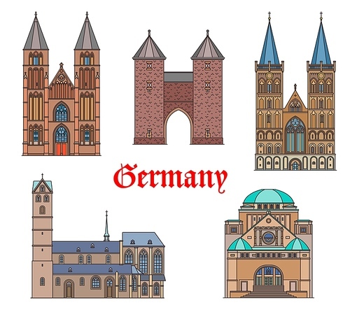 Germany landmark buildings and cathedrals, German travel architecture vector icons. Dortmund and Kleve landmarks of St Maria church, synagogue in Hessen, gothic cathedral dom of Saint Viktor in Xanten