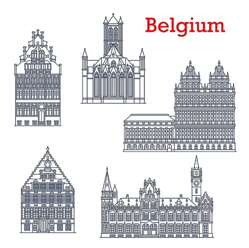 Belgium travel landmarks, architecture of Ghent, buildings and cathedral churches, vector icons. Gent city hall mairie, St Nicholas Church Sint Niklaaskerk, post office and Guildhall of Free Boatmen