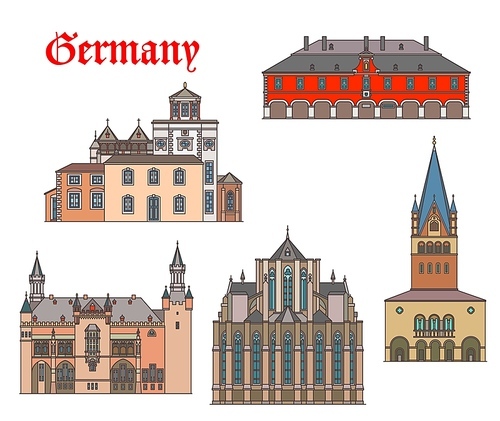 Germany landmark buildings and cathedrals of Aachen, German travel architecture, vector. Germany St Kornelius kirche, rathaus in Soest, Bergischer Dom cathedral in Altenberg and St. Patrokli church