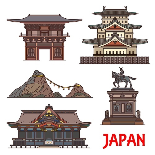 Japan architecture landmarks, temples and Japanese buildings, vector. Japan travel shrines and pagoda houses, Tosho-ji temple, Masamune riding statue in Sendai and Meoto Iwa Married Couple Rocks