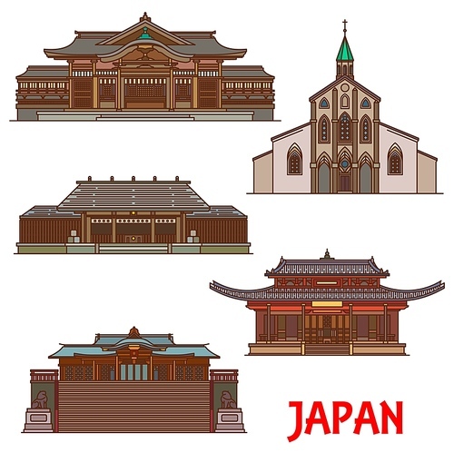 Japan architecture and landmarks, temples and pagodas, vector Japanese buildings. Japan travel landmarks and Buddhist shrines Takachiho-jinja and Amano Iwato in Miyazaki, Suwa and Kofuku-ji temple