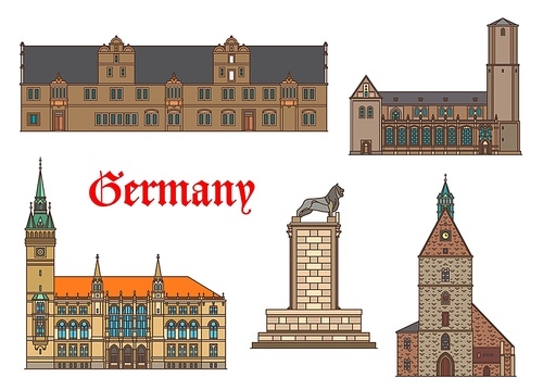 Germany landmarks architecture houses and cathedral churches in Braunschweig, German Saxony buildings. Stadthagen rathaus town hall, Burgloewe or Brunswick Lion monument and Sankt Martini kirche