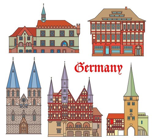 Germany landmarks architecture, buildings and cathedral, vector German fachwerk houses. St Cyriacus kirche church, Westerturm in Duderstadt city, rathaus in Gottingen and Rats Apotheke of Einbeck