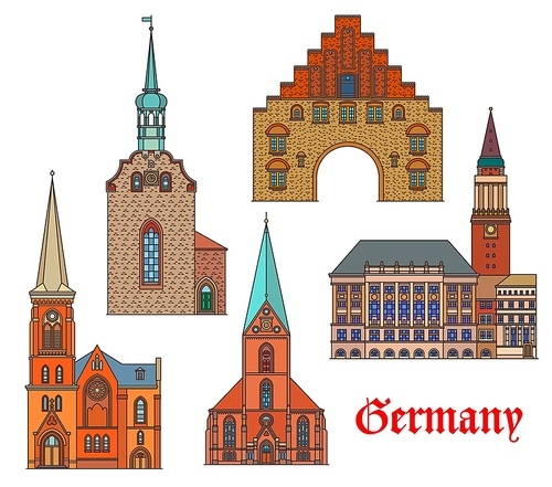 Germany landmarks, architecture buildings, vector German city cathedrals and churches. St Nikolai kirche and rathaus in Kiel, Heiliggeistkirche and Marienkirche church, Nordertor gate in Flensburg