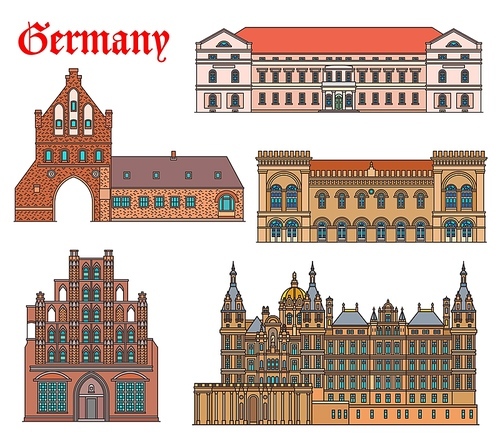 Germany landmarks architecture, buildings church and cathedral in Schwerin and Wismar, vector. German city landmarks of rathaus town hall, castle schloss and wassertor watergate, gothic Alter Schwede