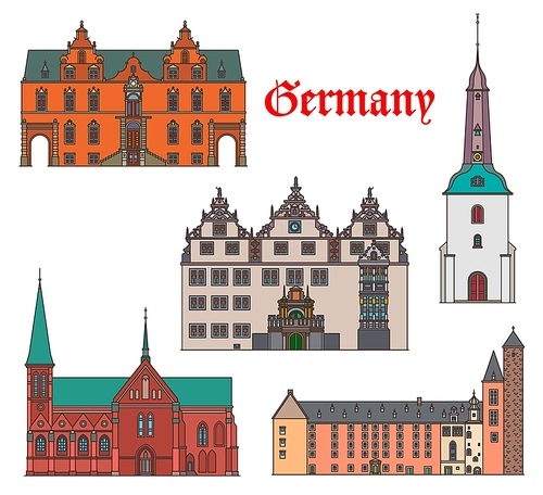 Germany travel landmarks architecture of Schleswig Holstein, cathedral and church buildings, vector. German landmarks of Munden rathaus and castle, Meldorf cathedral and Gluckstadt kirche church