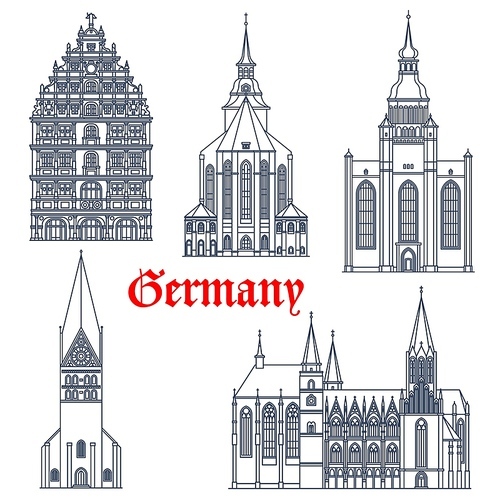 Germany landmark buildings architecture, vector icons of gothic churches and cathedrals. Germany landmark of St Michael and John church Luneburg, Oppenheim Katharinenkirche and Gewandhaus Braunschweig