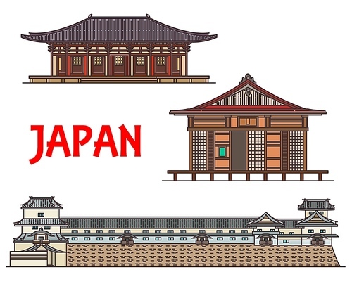 Japan and Japanese travel landmarks, temple buildings and Shinto Buddha architecture, vector. Japanese famous shrines and pagodas Toshodai-ji of Nara, Fuku-ji temple and Kanazawa Castle in Ishikawa