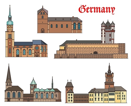 Germany landmark buildings architecture, castles and cathedral houses, German cities, vector. St Reinold and Peter church in Dortmund, Schwanenburg Castle in Kleve, Eltville and Munster Cathedral
