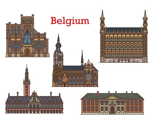 Belgium landmarks and architecture buildings, churches and cathedrals, vector. St Peter Church or Sint Pieterskerk and university in Leuven, town hall Stadhuis and Our Lady Notre Dame in Aarschot