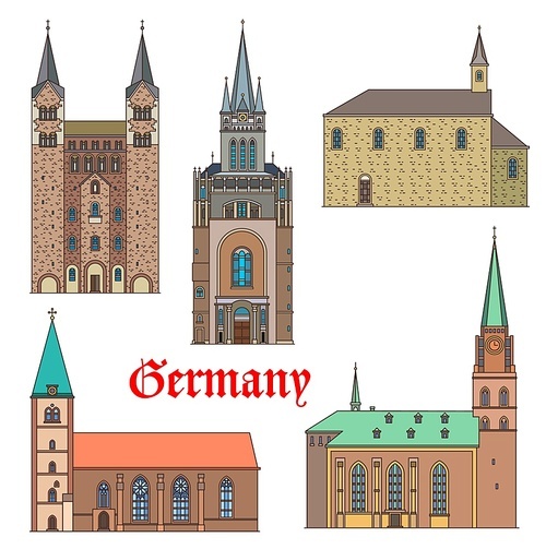 Germany landmark buildings, architecture castles, gothic palaces and churches, vector. Marienkirche in Lemgo, Hoxter Corvey Abbey, St Nikolai chapel in Soest, Bielefeld church and Aachen Pfalz palace