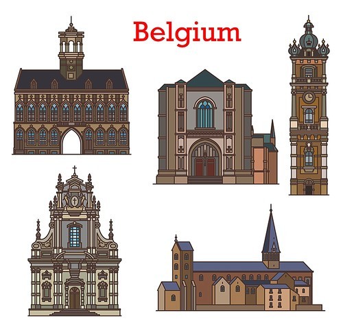 Belgium cathedrals, architecture landmarks and churches of Mons, Binche and Louvain city, vector. Belgium architecture Belfry tower, Sint Michielskerk or St Michael church and Town hall Stadhuis