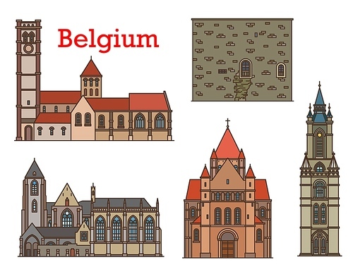 Belgium architecture and travel landmarks, vector buildings cathedrals and churches of Leuven, Tournai and Courtray city. Belgian Belfry and Henry VIII tower, Our Lady Notre Dame cathedral in Kortrijk