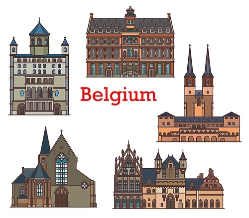 Belgium landmarks, architecture buildings, vector Belgian travel sightseeing. Church of St Gertrude in Nivelles and St John in Mechelen, Town hall Stadhuis in Mechlin and Hal cities, Belgium tourism