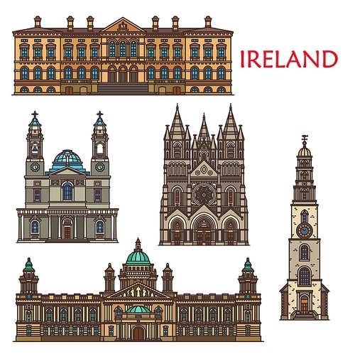 Ireland architecture and landmark buildings, ancient sightseeing places in Belfast and Cork city. Irish historic landmarks, Saint Fin Barre Cathedral, St Anne Church, City Hall and Custom House