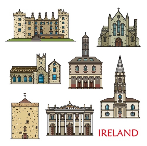 Ireland architecture landmarks, travel sightseeing buildings, vector. St Canice Cathedral, Black Abbey and castle in Kilkenny, Tholsel City Hall, Reginald Tower in Waterford, and Saint Trinnity church