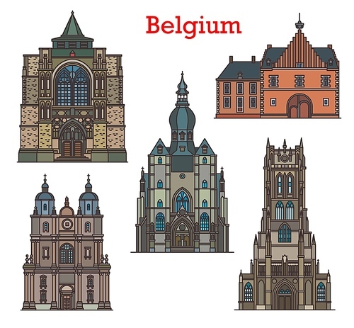 Belgium landmarks, cathedrals and old architecture, vector cathedrals and churches. Belgium travel landmarks Notre Dame Basilique de Tongre, Abdij van Herkenrode monastery and Saint Sulpice church