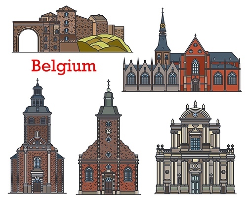 Belgium landmarks, churches and cathedrals of Namur, Stavelot and Hasselt, vector architecture. Belgium famous landmarks of Saint Sebastian Church in Stavelot and St Aubin Cathedral in Namur