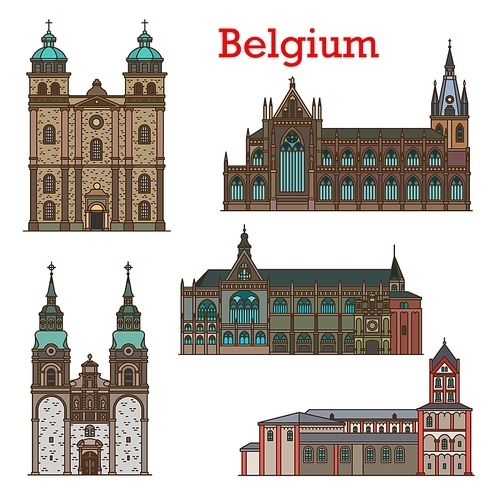 Belgium landmarks, cathedral and church in Liege and Eupen, Belgian city travel, vector icons. Belgian architecture of St Nicholas, Eglise Saint Jacques or Jacob church and Malmedy cathedral