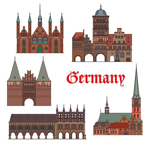 Germany architecture of Lubeck, travel landmark buildings of Schleswig Holstein, vector. German architecture of St James church and Rathaus town hall, Hospital of Holy Spirit, Burgtor and Holstentor