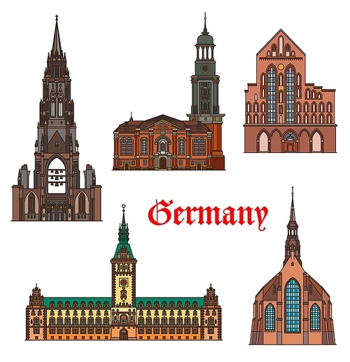 Germany, Hamburg and Lubeck architecture buildings, vector travel landmarks. German Hamburg rathaus city hall, medieval churches of St Catherine, Saint Michael and Nicholas, Schleswig Holstein Germany