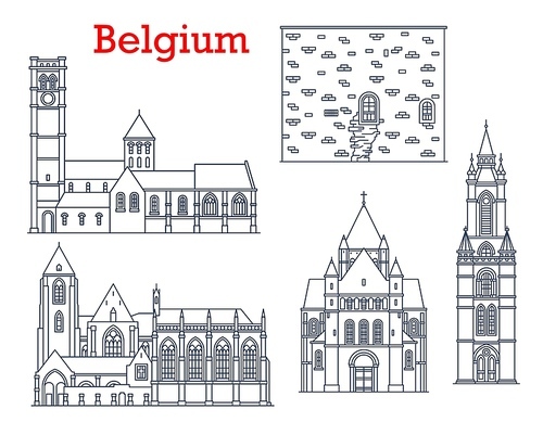 Belgium travel landmarks, architecture and buildings, vector cathedrals and churches. Belgium landmarks of Saint Quentin and St Brice church in Leuven and Tournai, Our Lady cathedral in Courtray