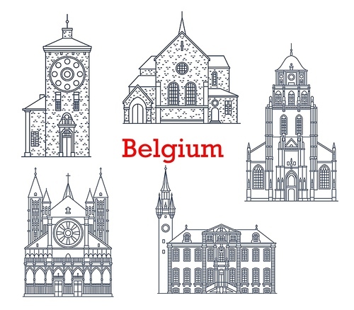 Belgium architecture landmarks and buildings, vector ancient city churches and cathedrals. Belgium Zimmer tower or Zimmertoren, town hall stadhuis, St Paul chapel in Lier and Onze Lieve Vroukewekerk