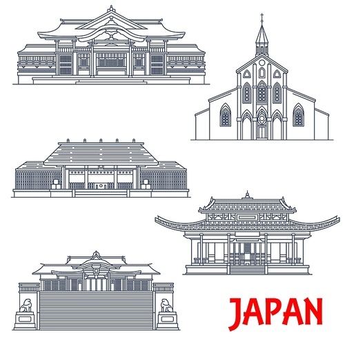 Japanese temples, Japan architecture, landmarks and pagoda buildings, vector. Japan travel and Buddhist shrines, Amano Iwato in Miyazaki, Suwa temple and Oura catholic Church in Nagasaki prefecture