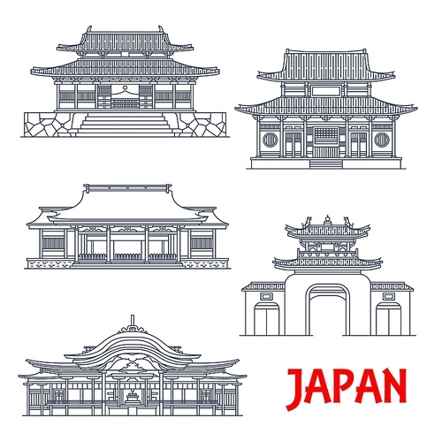 Japan travel, Japanese architecture temples, pagodas and gates, vector landmark buildings. Japanese shrines in Osaka, Fukuoka and Nagasaki prefecture, Dazaifu Temmangu temple and Sumiyoshi taisha