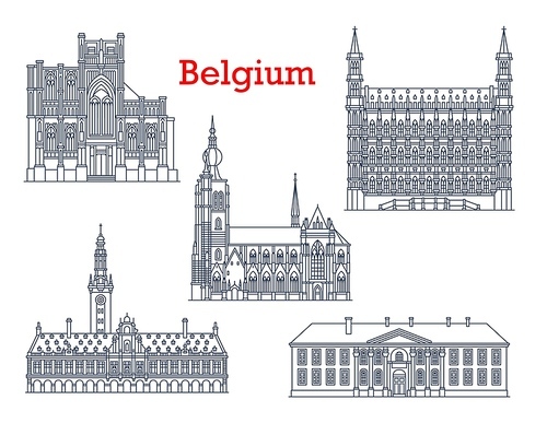 Belgium landmarks, travel architecture and buildings of Leuven and Aarschot vector icons. Belgian famous cathedrals and churches of St Peter or Sint Pieterskerk, university and Pope college
