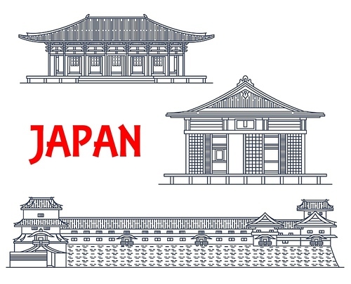 Japanese travel landmarks, temple buildings, Buddha architecture, vector line icons. Japanese famous Shinto shrines Toshodai-ji and Fuku-ji temple in Nara prefecture and Kanazawa Castle in Ishikawa
