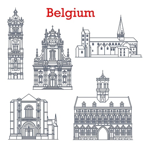 Belgium landmarks architecture and buildings of Mons, Binche and Bruges city, vector icons. Belgian famous cathedrals, Saint Waltrude Collegiate and St Ursmer Church or Sint Ursmaruskerk houses