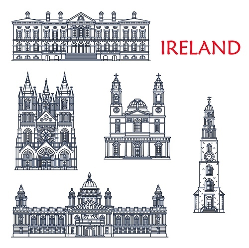Ireland landmarks, architecture buildings of Belfast and cork city, vector icons. Irish historic and ancient sightseeing landmarks St Anne Church, City Hall, Custom House and Saint Fin Barre Cathedral