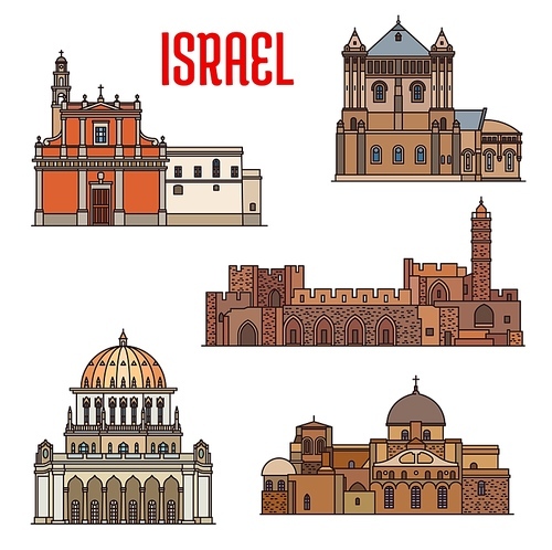 Israel landmarks architecture, travel sightseeing of Jaffa and Haifa, vector. Israeli Jewish and Islamic landmarks Holy Sepulchre Church, Bahai temple or Bab shrine and St Peter cathedral in Tel Aviv