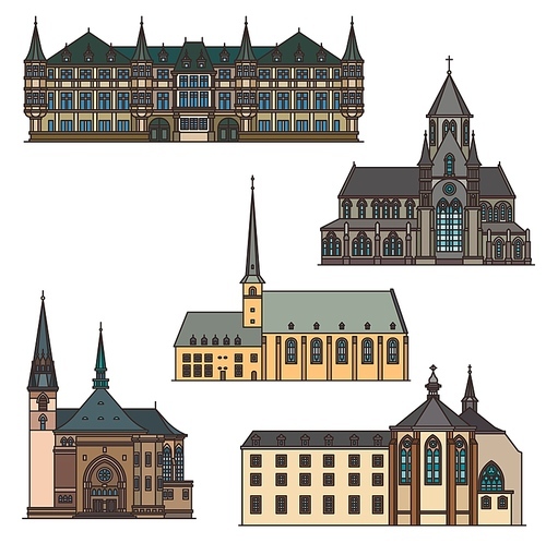 Luxembourg travel landmarks and architecture, vector city sightseeing buildings. Luxembourg Saint Trinity church in Vianden, Onze Lieve Vrouwe van Tamele, Grand Ducal Palace and Neumunster Abbey