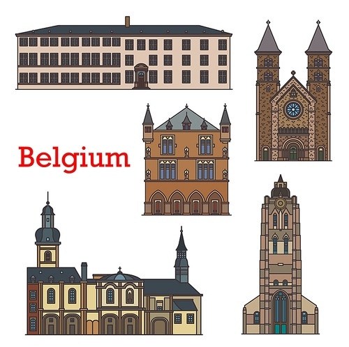Luxembourg landmarks, architecture buildings, vector travel sightseeing. Basilica of Saint Willibrord at Echternach, Grand Duchy and city hall Stadhaus of Luxembourg and Jesuit collegium monastery