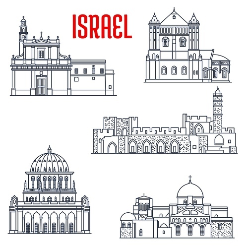 Israel landmarks and architecture, churches and temples buildings, vector icons. Israel sightseeing David Citadel, Church of Sepulchre of Saint Mary, or Tomb of Virgin, Holy Sepulchre and Bahai temple