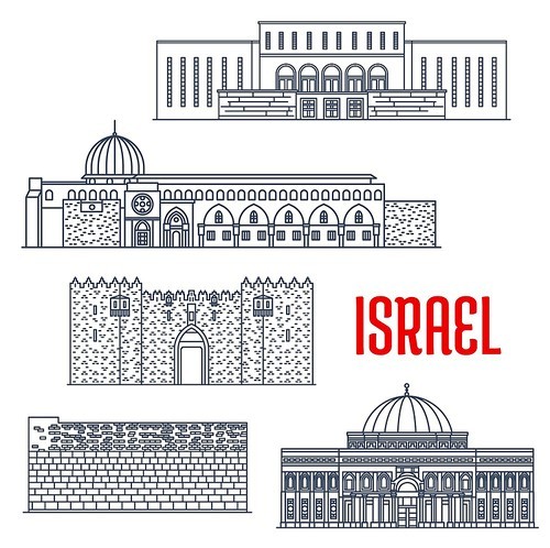 Israel landmarks, Jerusalem architecture buildings, vector historic sightseeing. Israel landmark icons Wailing Wall Kotel or Kosel in Jerusalem, Islamic Museum, Al-Aqsa mosque, Damascus Gate Shechem