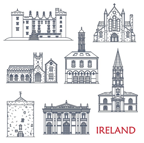 Ireland architecture landmarks and buildings, travel sightseeing vector icons. Munster Saint Trinity church, St Canice Cathedral, Black Abbey and Kilkenny castle, Tholsel City Hall and Reginald Tower