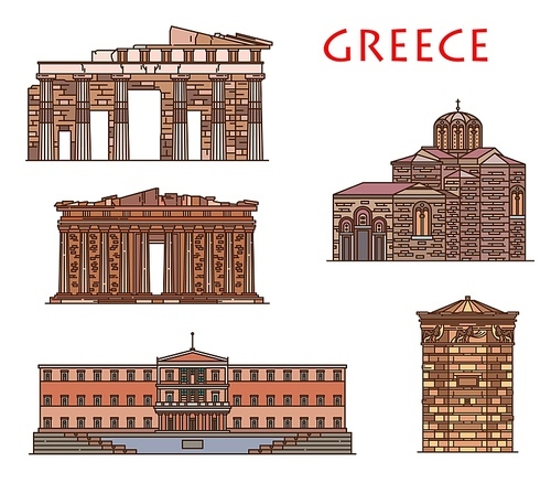 Greece architecture and Athens buildings, vector Greek travel landmarks. Greece antique Parthenon, parliament House of Athens, Saint Nicholas church, ancient winds tower and Propylaea gates monument