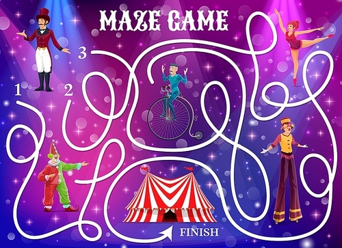 Circus labyrinth maze game. Vector kids boardgame help artists reach big top tent. Children test with cartoon characters and tangled path, educational baby riddle for preschool or family activity