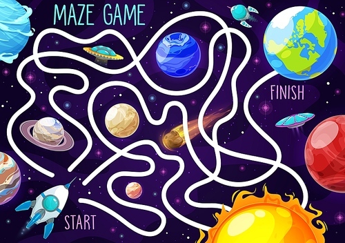 Space labyrinth maze game for kids, puzzle or tabletop vector boardgame. Kid board game labyrinth maze with rocket spaceship and planets in space, jigsaw entertainment and leisure game background