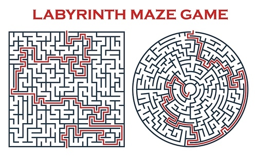 Labyrinth maze game, round and square maze with clue. Vector logic game templates with tangled way. How to find out quiz, finding exit path rebus, riddle or challenge isolated on white 