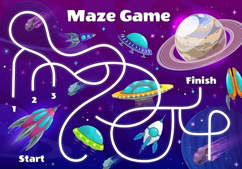 Kids labyrinth maze in space planets, vector puzzle tabletop game. Galaxy space labyrinth maze or board game for kids, find way to planet with rocket spaceship or alien UFO, entertainment and leisure