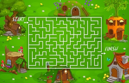 Labyrinth maze fairy houses and dwellings. Vector kid game with cute homes in shape of carrot, stump with fly agarics, tree with stairs and stone house. Cartoon game for children, fantasy forest homes