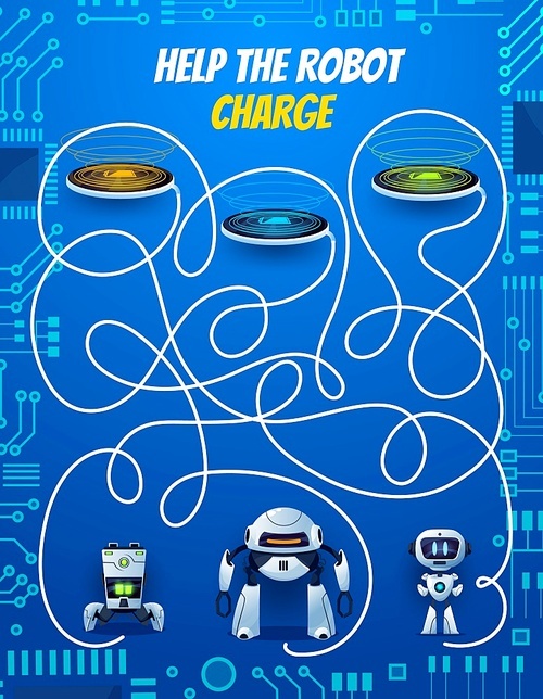 Kids maze game, help robot charge playing activity for children with find path task. Labyrinth puzzle or riddle with cartoon vector androids searching way to charging station, motherboard track