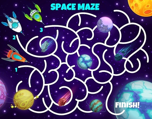 Labyrinth maze game spaceships and planets. Kids vector board game with rockets in space. Boardgame with tangled path, start and finish, cartoon planets and shuttles. Educational children riddle, test